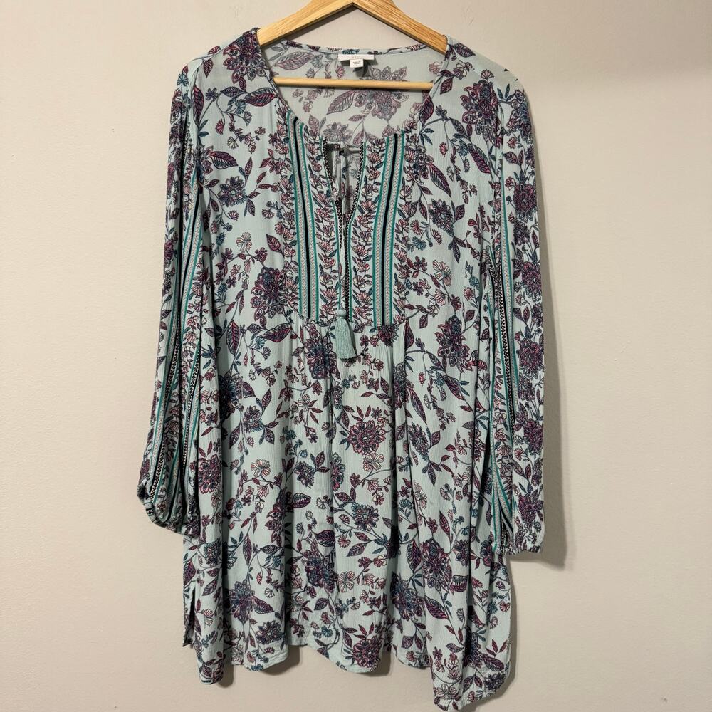 J Jill Blouse Top Boho Floral Blue Tunic Flowy Gauzy Large Fairy Whimsical